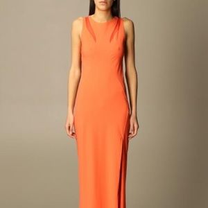 Patricia Pepe long dress in technical fabric with mesh cutouts in orange / coral